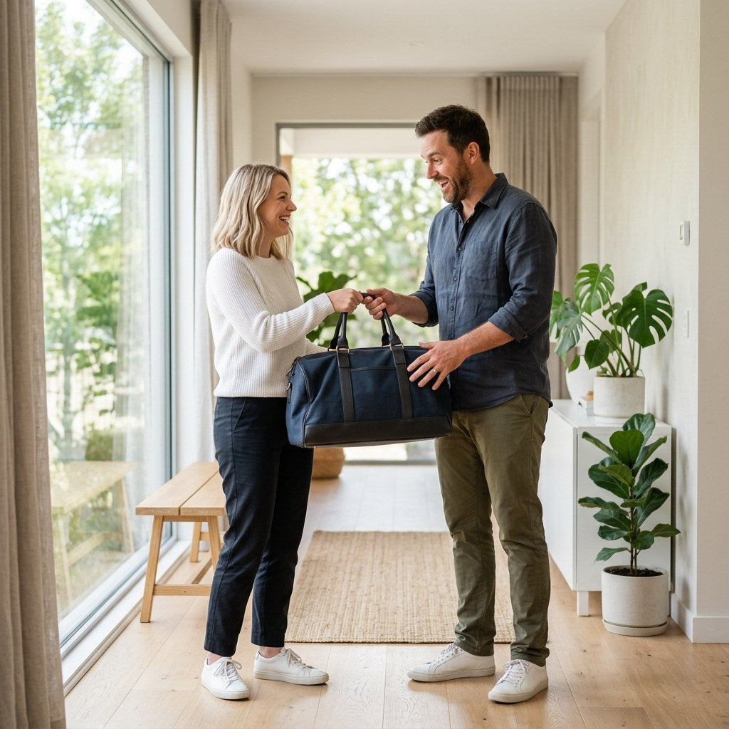 Frau übergibt lächelnd ihrem Partner in hellem Flur eine Reisetasche als Geschenk