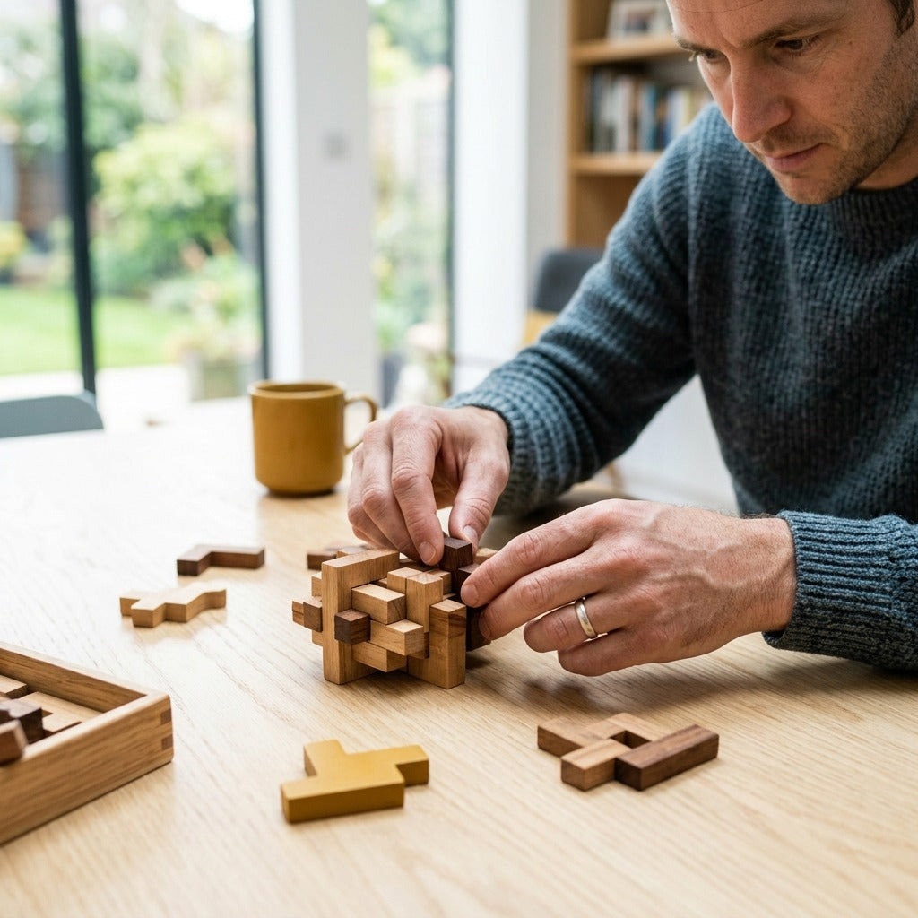 Männerhände setzen an einem hellen Tisch neben einer Kaffeetasse ein Holzpuzzle zusammen