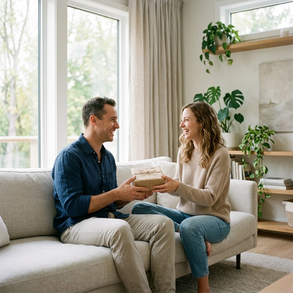 Zwei Partner sitzen lächelnd auf hellem Sofa, einer übergibt dem anderen ein Geschenk