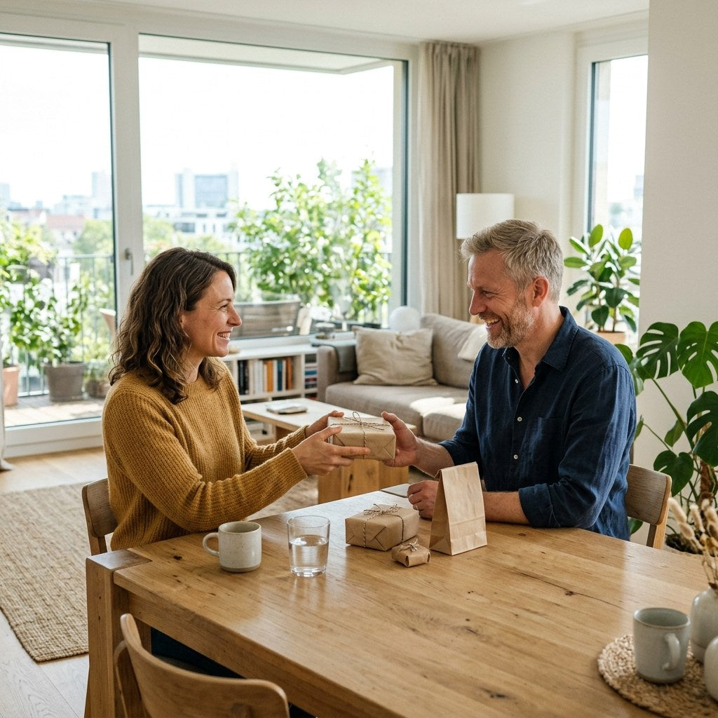Frau übergibt lächelnd ihrem Partner an hellem Tisch mehrere kleine zusammengehörige Geschenke