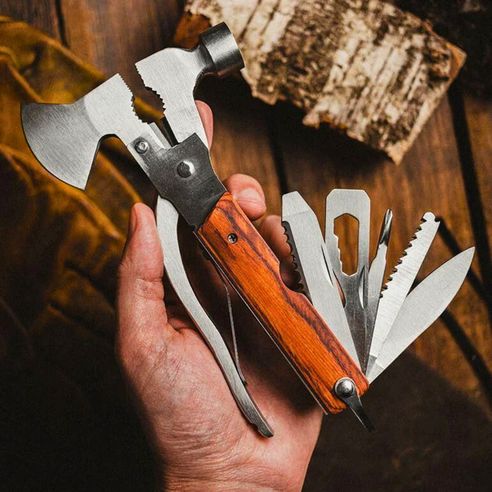 Axt-Multitool – 15 Funktionen im Rosenholzgriff (personalisierbar)