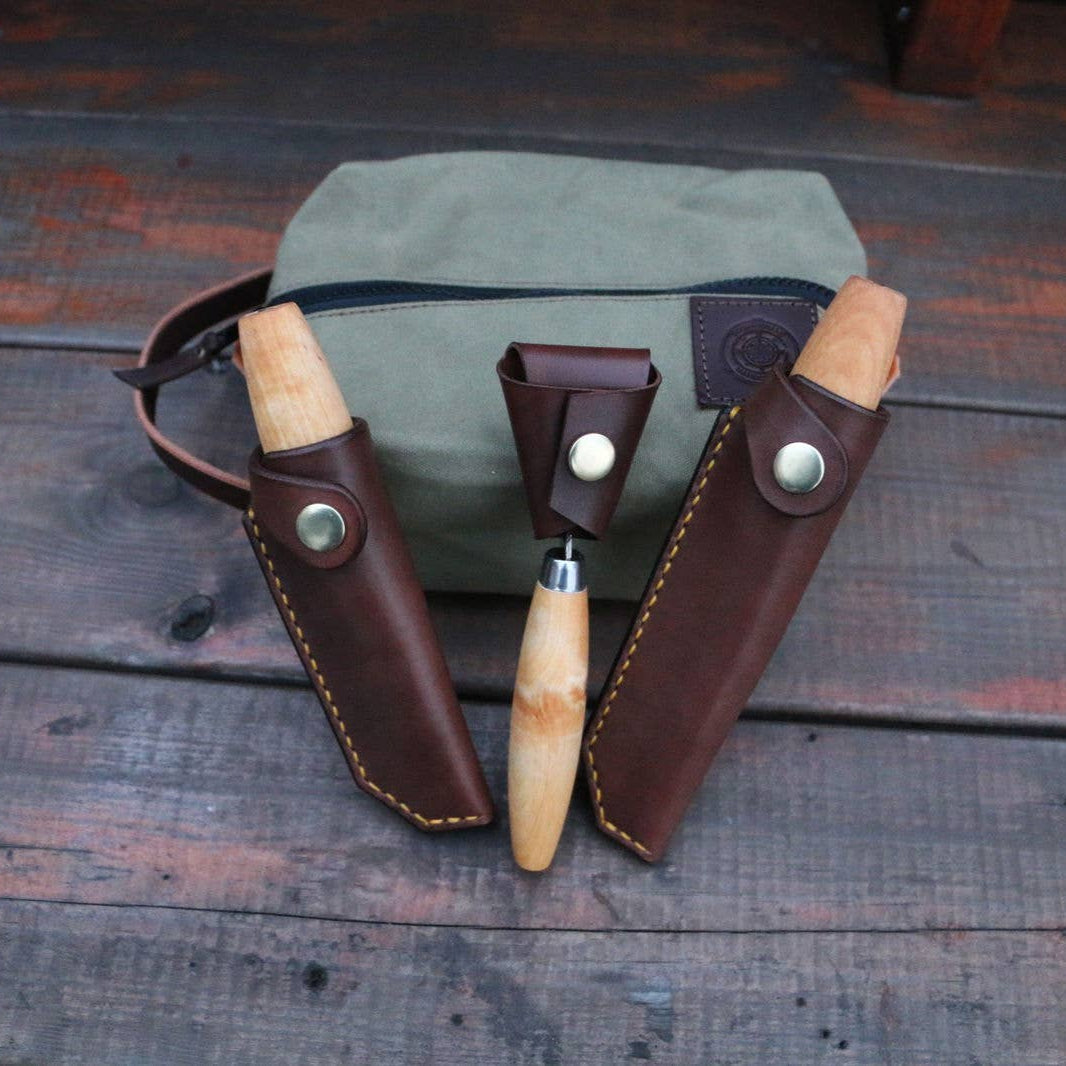 Holzschnitzerei-Starterset – 3 Mora-Messer mit Lederscheiden & Tasche