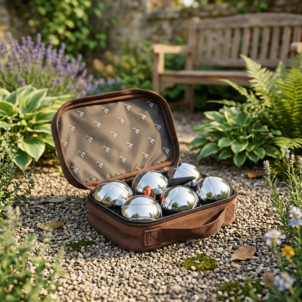 Laguiole Boule-Set geöffnet mit 6 verchromten Boulekugeln und Zielkugel in Tragetasche als Männergeschenk