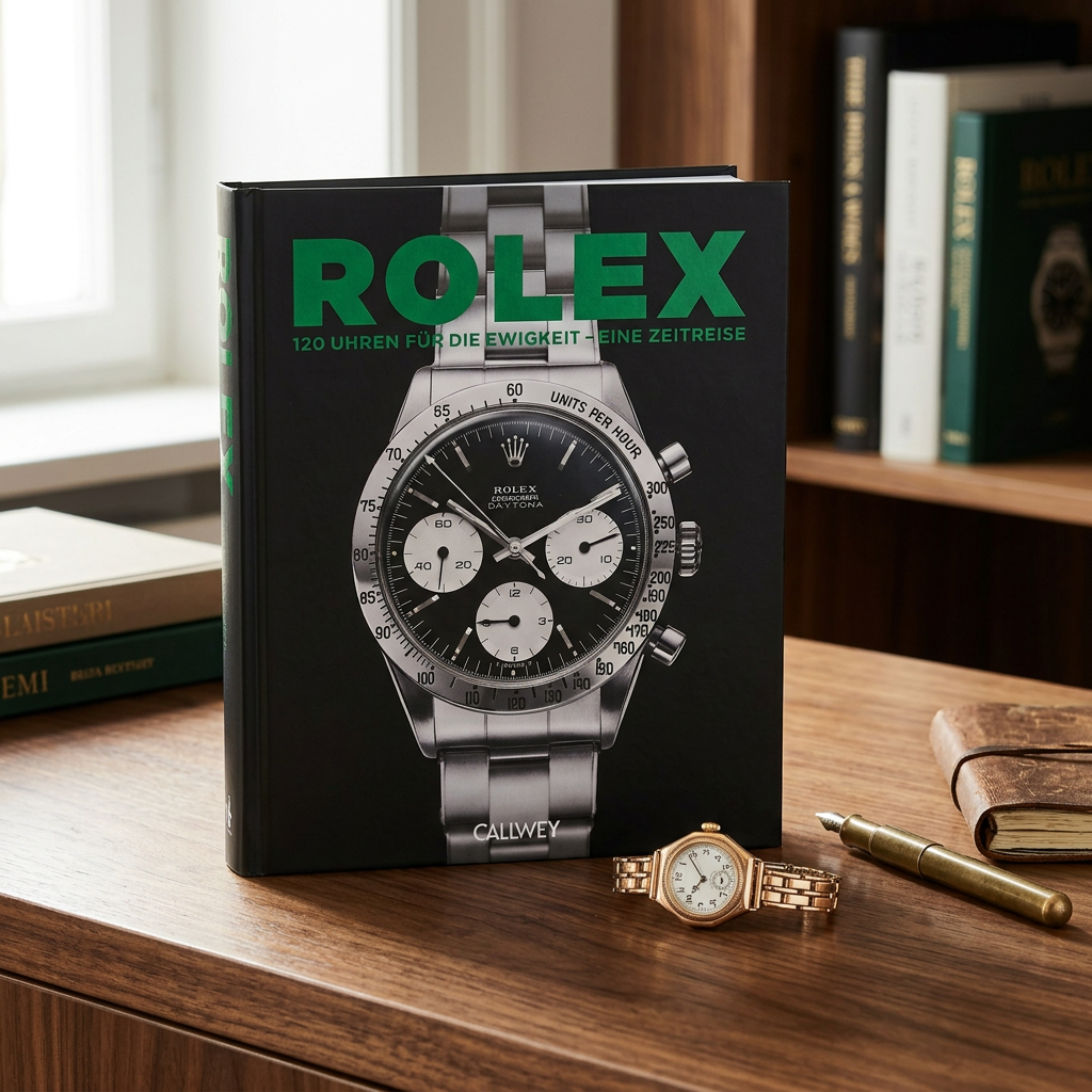Rolex Buch auf Holztisch neben Uhr als Geschenk für Männer die alles haben