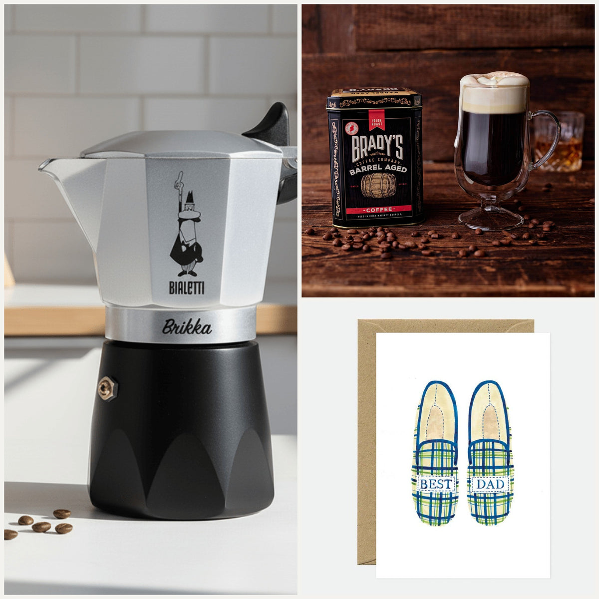Geschenkset Espresso: Bialetti Brikka, Brady's Whiskey-Kaffee und Best-Dad-Karte