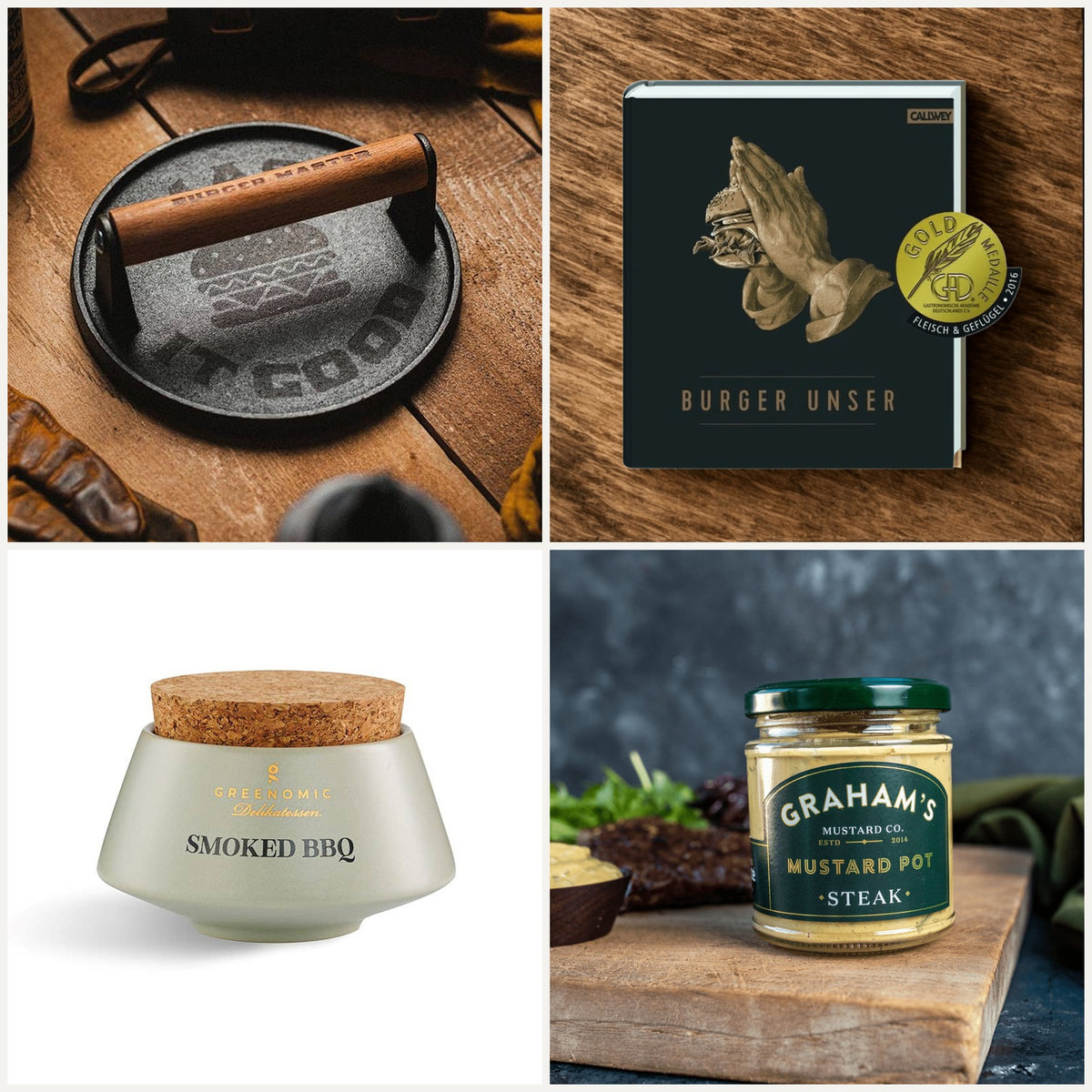 Geschenkset Grillmeister: Burgerpresse, Kochbuch Burger Unser, Smoked BBQ und Graham's Senf