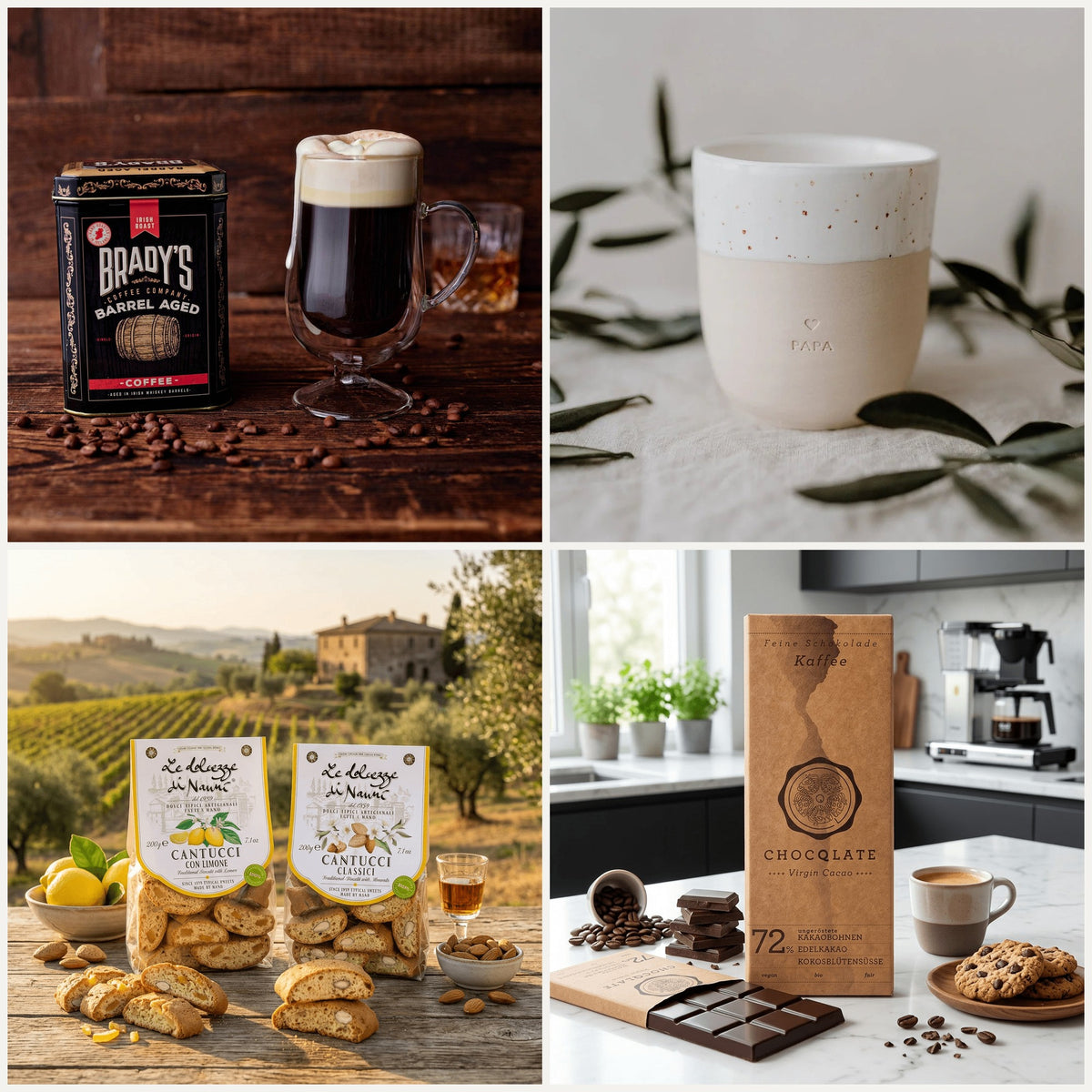 Geschenkset Kaffee-Genießer: Brady's Whiskey-Kaffee, Kaffeebecher Papa, Cantucci und Kaffee-Schokolade