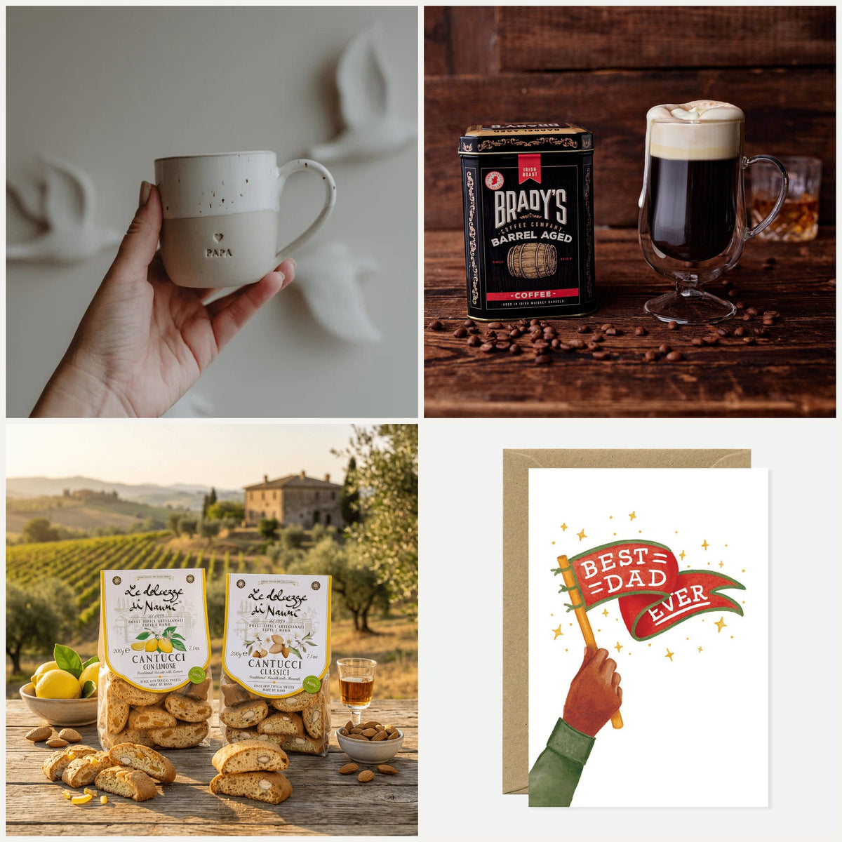 Geschenkset Papas Morgenritual: Cappuccino-Tasse Papa, Brady's Whiskey-Kaffee, Cantucci und Best-Dad-Ever-Karte