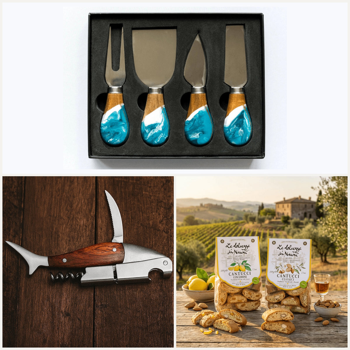 Geschenkset Weinabend: Käsemesserset, Kellnermesser Hai und Cantucci